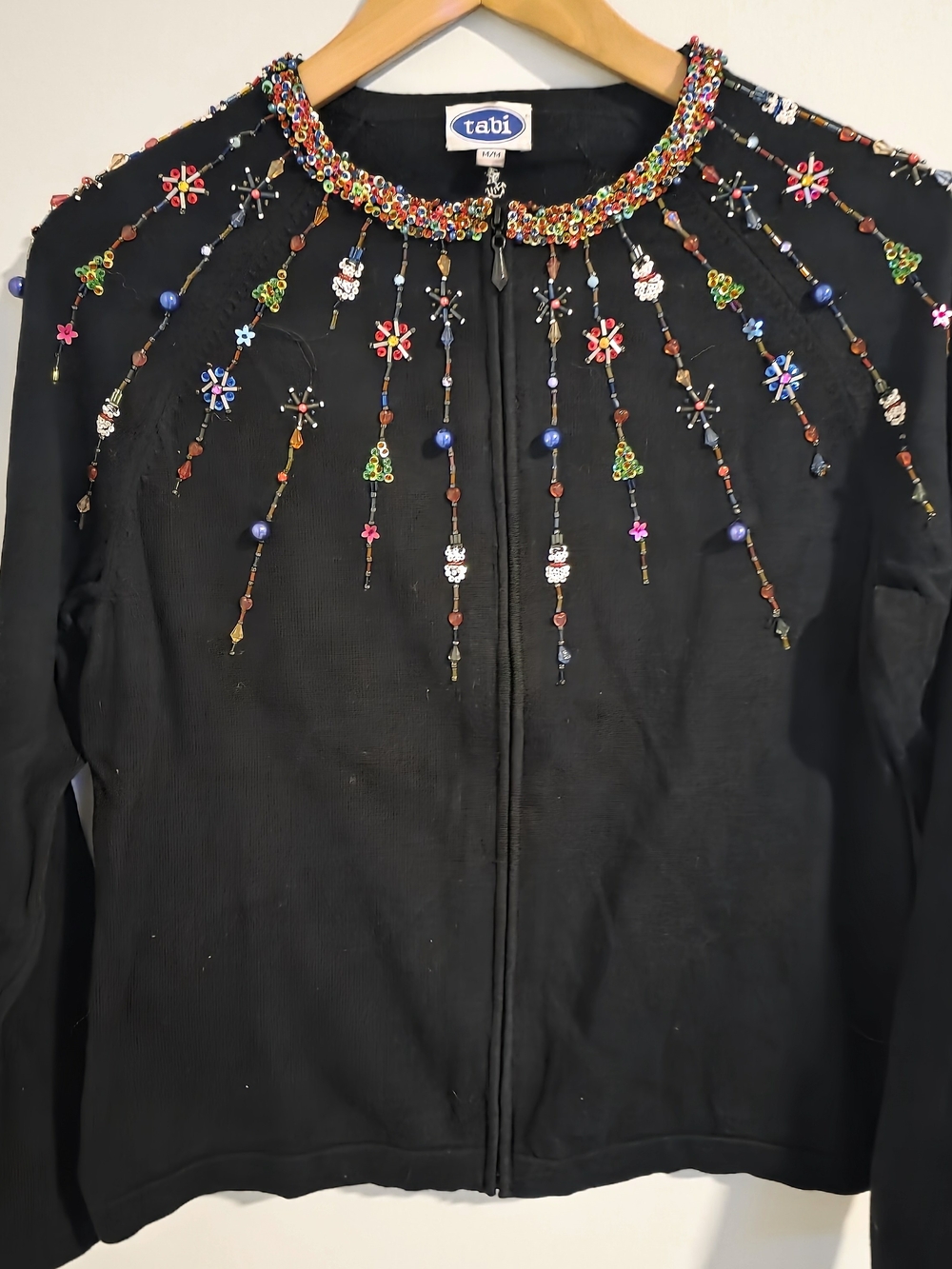 Vintage Tabi Black Beaded Zip Cardigan Sweater 100% Cotton M